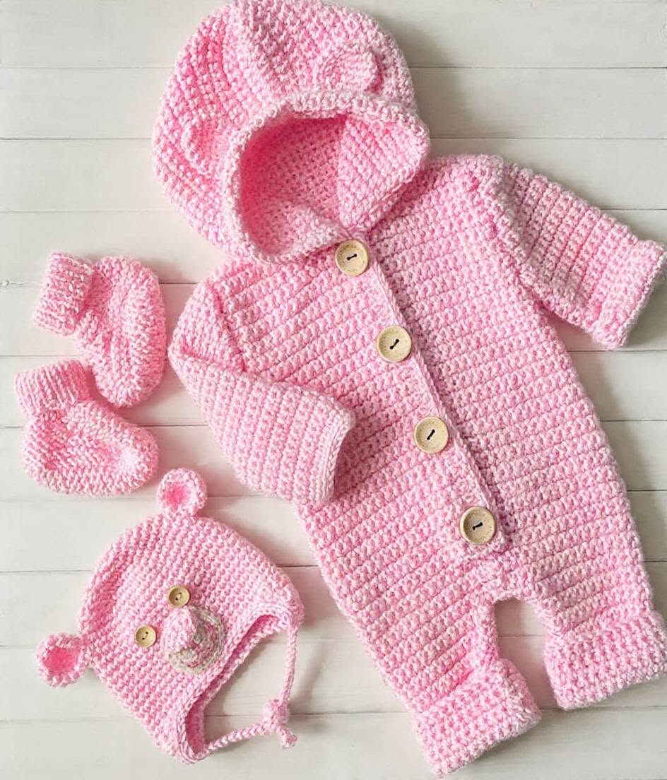 Handmade Crochet Baby Romper Set – Hooded Onesie, Bear Cap & Booties