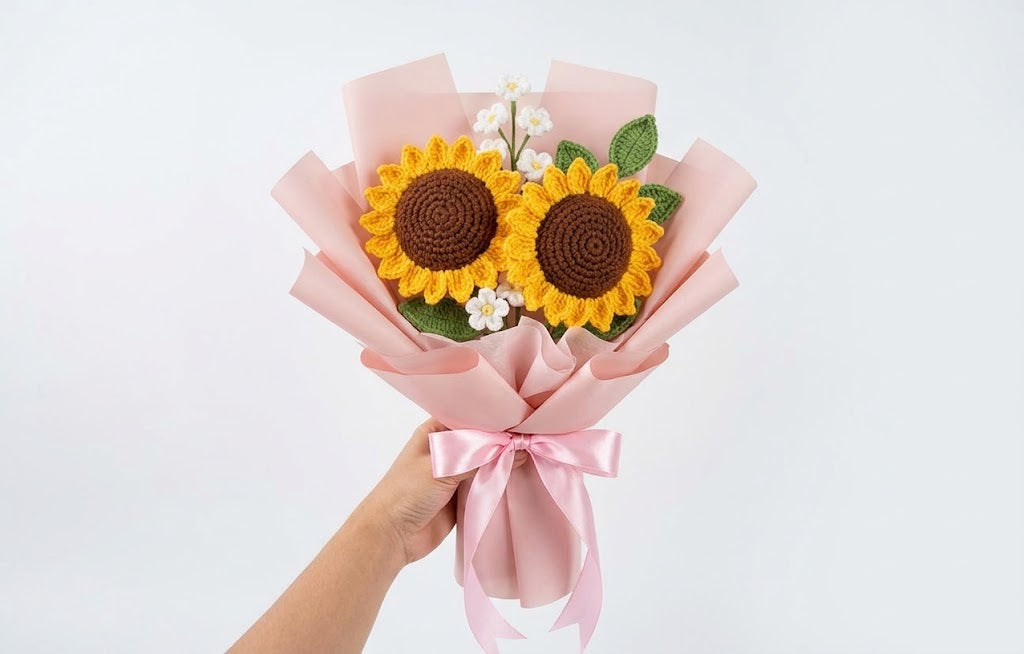 Premium Handmade Crochet Sunflower Flower Bouquet – Everlasting Gift Box
