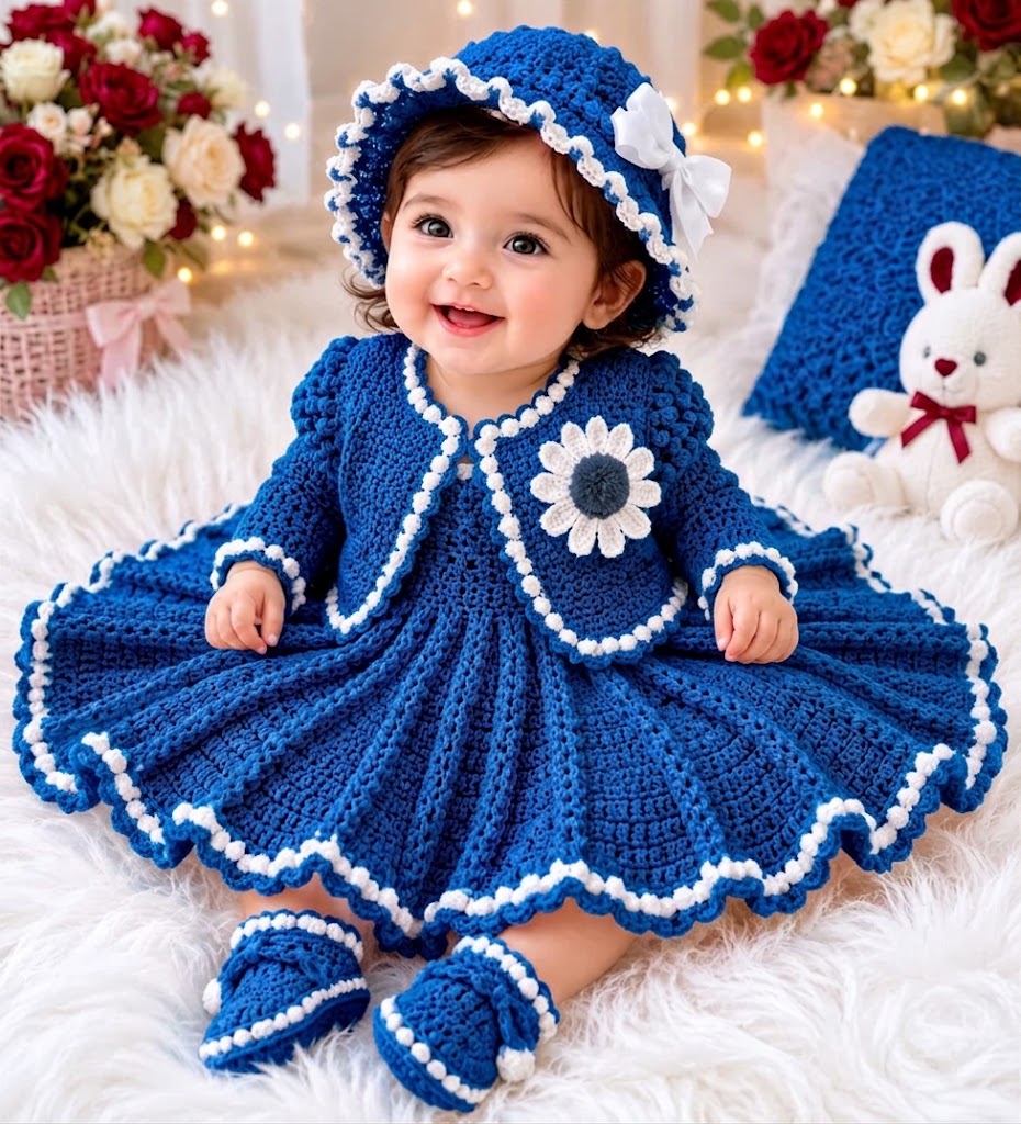 4 Piece Handmade Baby Girl Crochet Flare Frok Set – Soft Wool Frok, Jacket, Cap & Booties