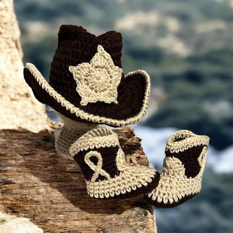 Handmade Crochet Baby Cowboy Hat and Booties Set – 0-3 Months Newborn Western Outfit