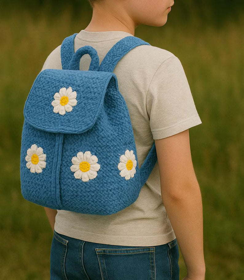 Handcrafted Crochet Daisy Backpack for Kids & Teens | Soft Knit Daisy Flower Rucksack | Cute Everyday Floral Travel Bag Gift