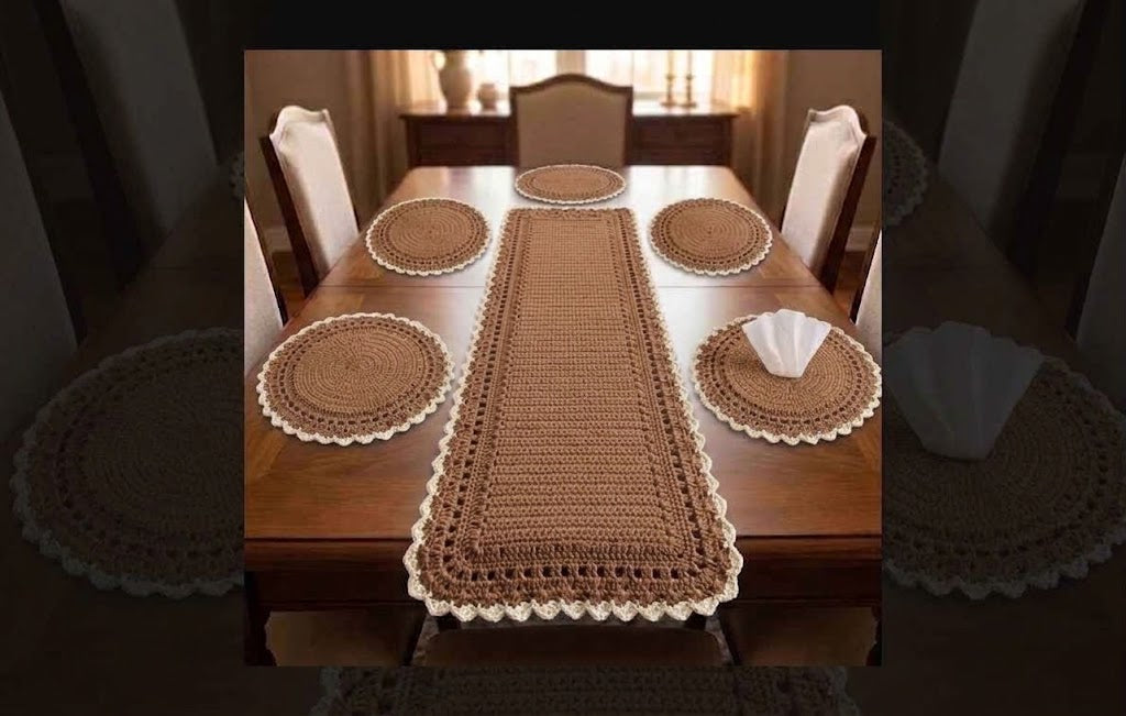 Handmade Crochet Dining Table Set – 7-Piece Table Runner & Placemats Set for Rustic Home & Dining Deco