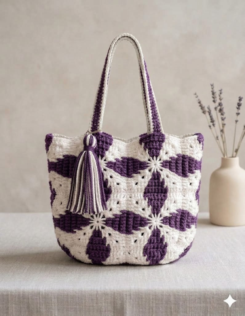 Handmade Crochet Floral Tote Bag with Tassel – Boho Market Shoulder Bag