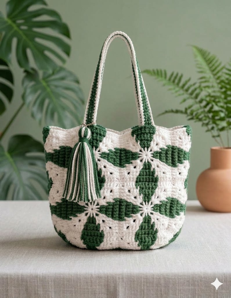 Handmade Crochet Floral Tote Bag with Tassel – Boho Market Shoulder Bag
