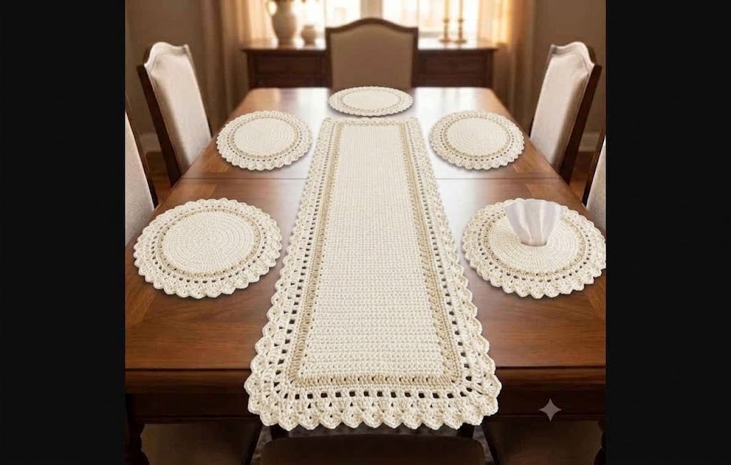Handmade Crochet Dining Table Set – 7-Piece Table Runner & Placemats Set for Rustic Home & Dining Deco