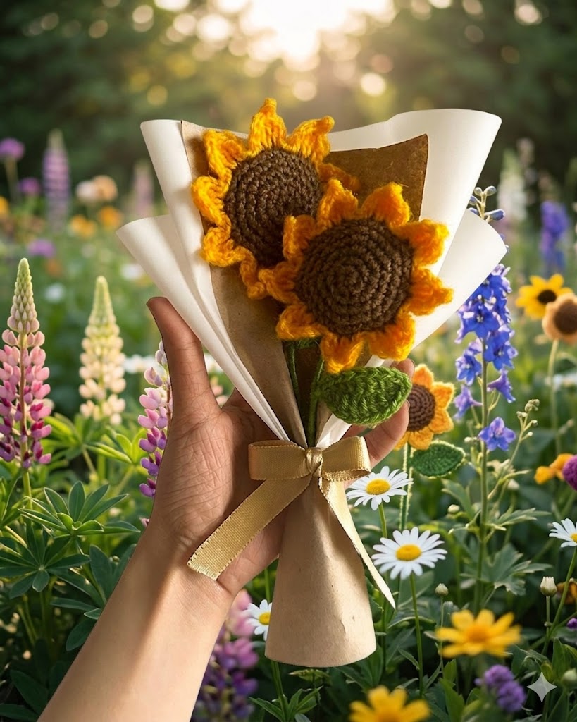 Luxury Hand-Crocheted Mini Sunflower Flower Bouquet