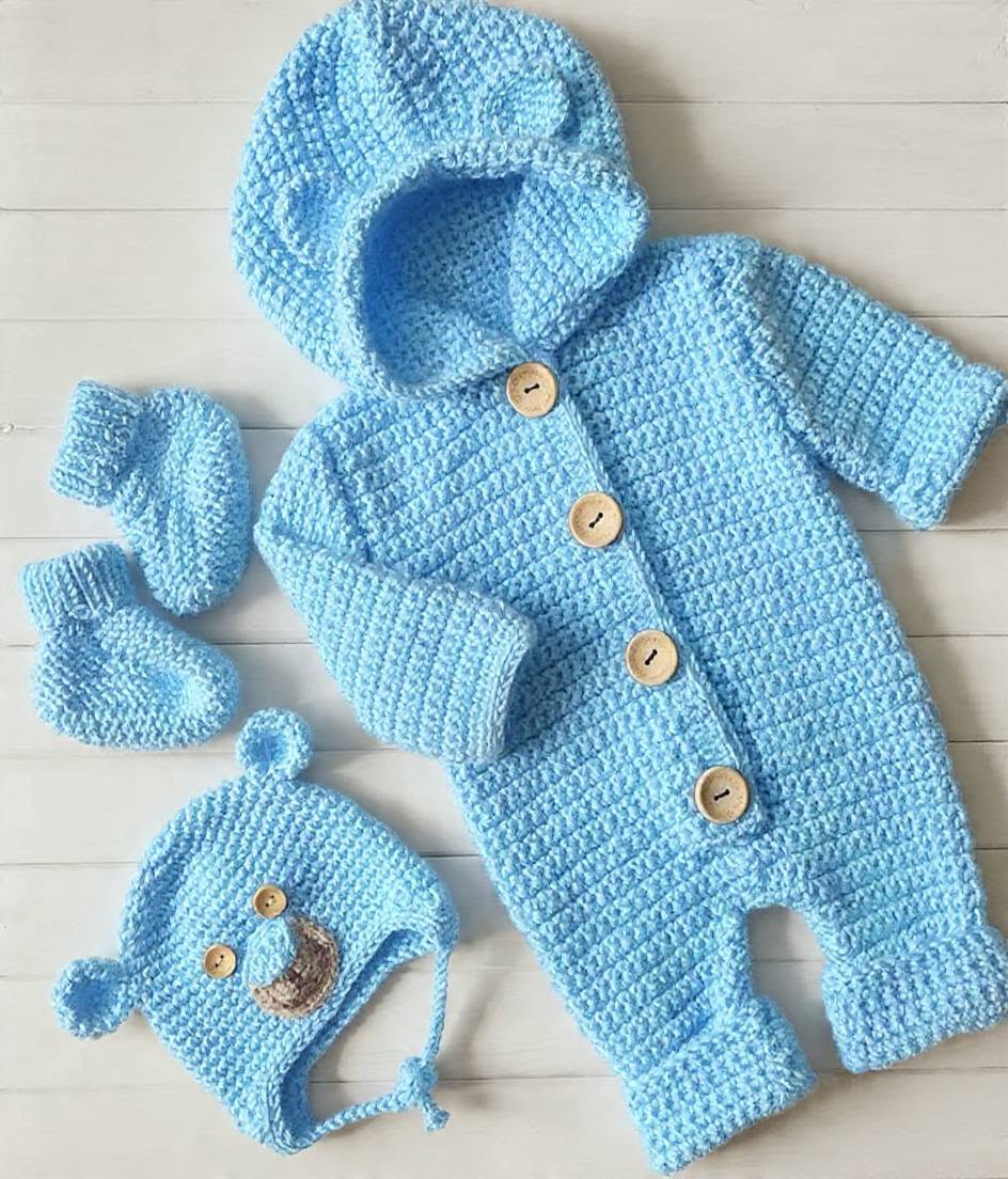 Handmade Crochet Baby Romper Set – Hooded Onesie, Bear Cap & Booties