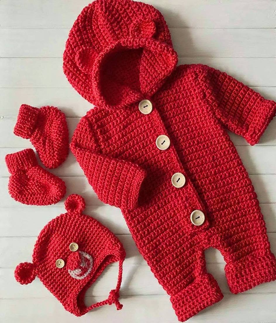 Handmade Crochet Baby Romper Set – Hooded Onesie, Bear Cap & Booties