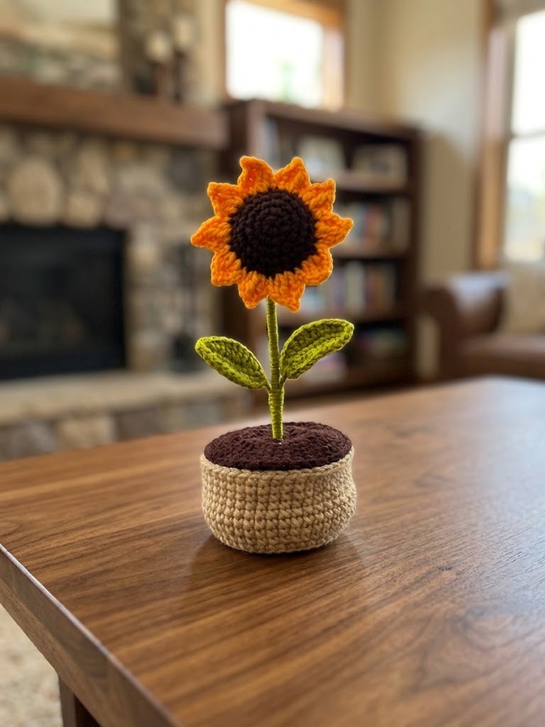 Handmade Crochet Sunflower in Pot – Aesthetic Desk Decor & Table Plant