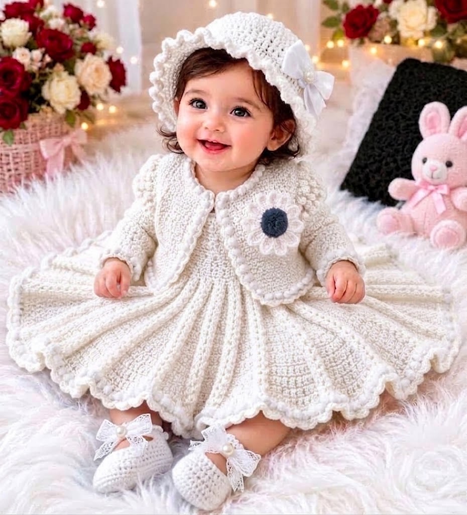 4 Piece Handmade Baby Girl Crochet Flare Frok Set – Soft Wool Frok, Jacket, Cap & Booties