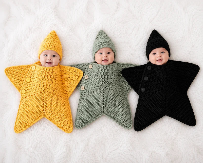 Soft Crochet Star Shaped Baby Bunting Bag with Hood – Newborn Winter Collection