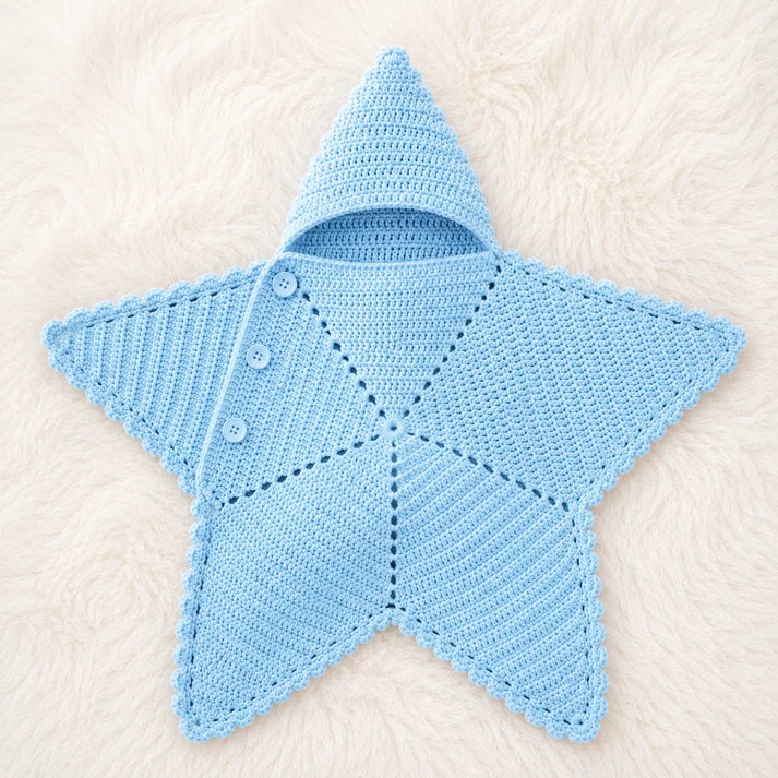 Soft Crochet Star Shaped Baby Bunting Bag with Hood – Newborn Winter Collection