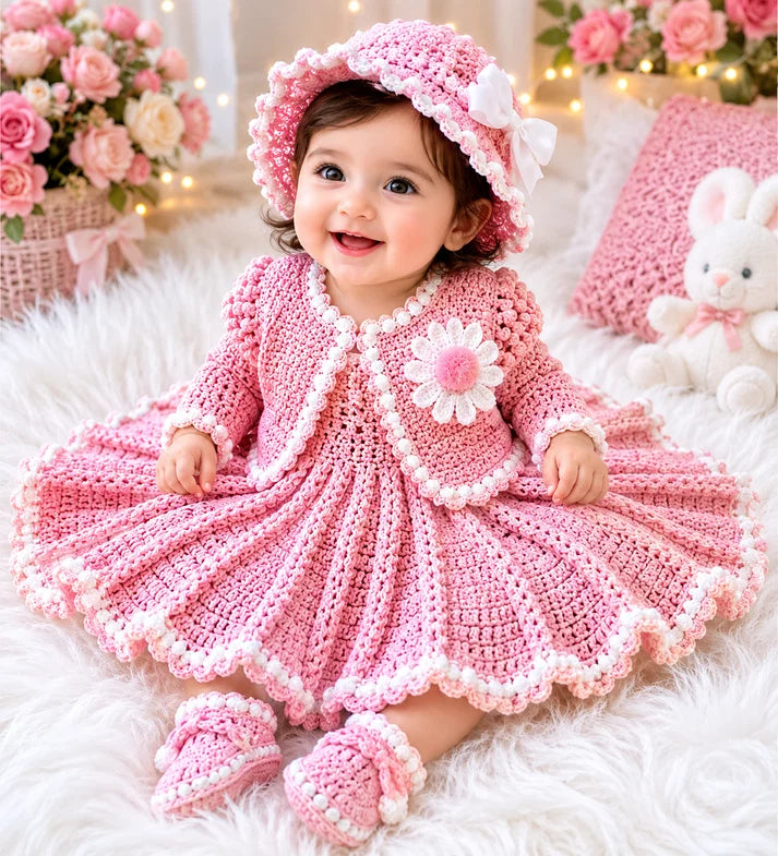 4 Piece Handmade Baby Girl Crochet Flare Frok Set – Soft Wool Frok, Jacket, Cap & Booties