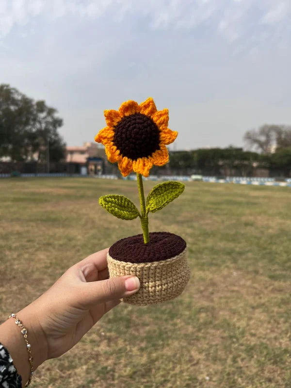 Handmade Crochet Sunflower in Pot – Aesthetic Desk Decor & Table Plant