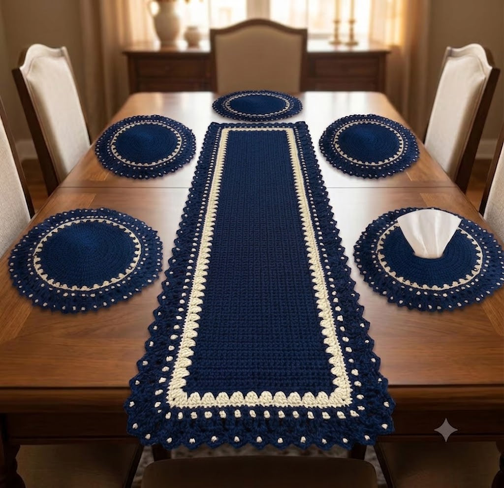 Handmade Crochet Dining Table Set – 7-Piece Table Runner & Placemats Set for Rustic Home & Dining Deco