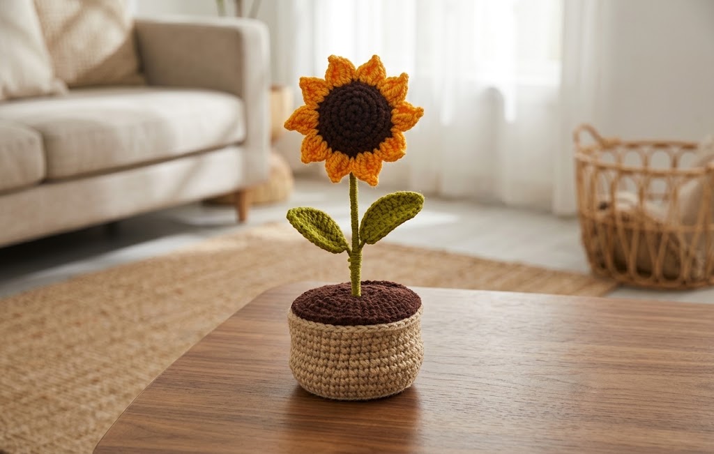 Handmade Crochet Sunflower in Pot – Aesthetic Desk Decor & Table Plant