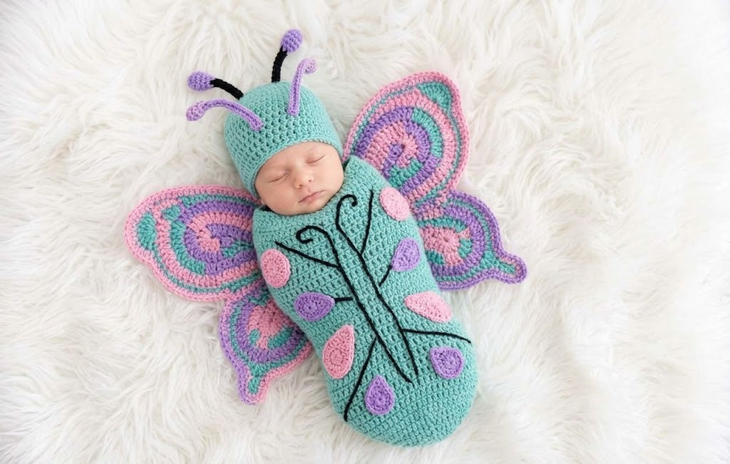 Luxury Crochet Butterfly Baby Cocoon with Hat – Soft Winter Newborn Swaddle Wrap