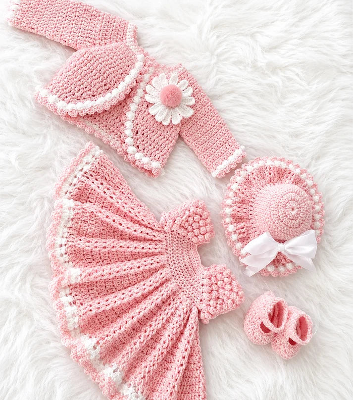 4 Piece Handmade Baby Girl Crochet Flare Frok Set – Soft Wool Frok, Jacket, Cap & Booties
