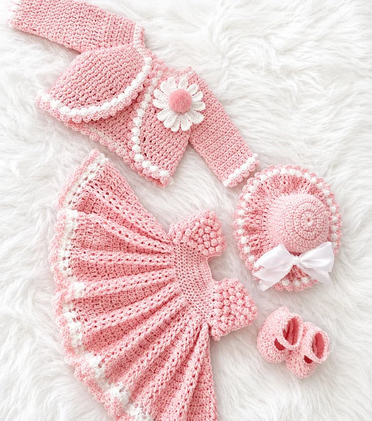 4 Piece Handmade Baby Girl Crochet Flare Frok Set – Soft Wool Frok, Jacket, Cap & Booties