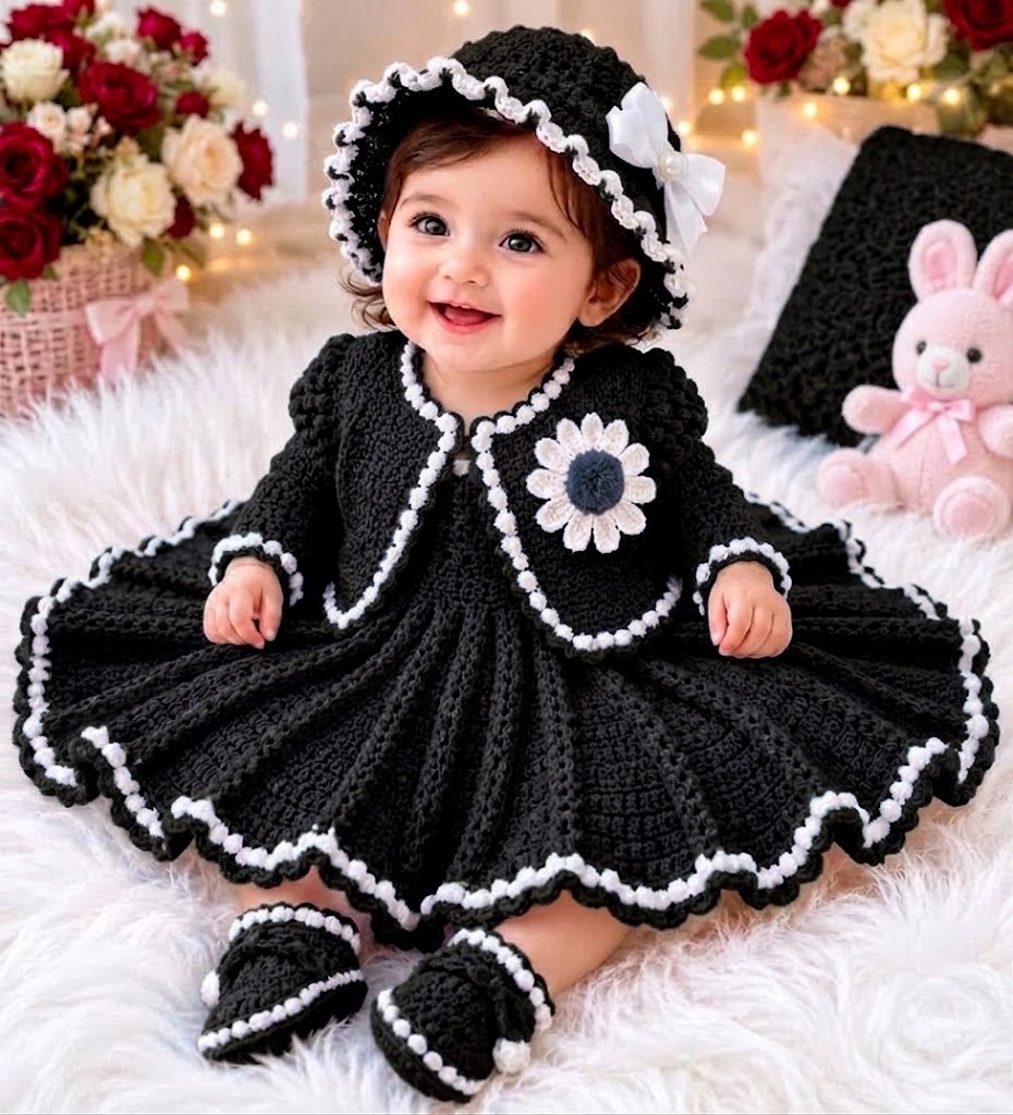 4 Piece Handmade Baby Girl Crochet Flare Frok Set – Soft Wool Frok, Jacket, Cap & Booties