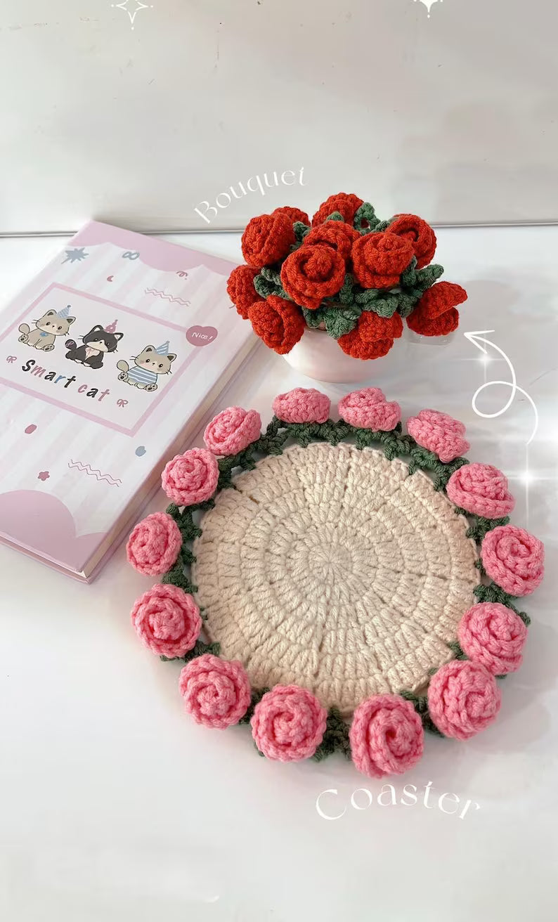 Handmade Crochet Floral Coaster Set – Cozy Home & Kitchen Coffee Table Decor