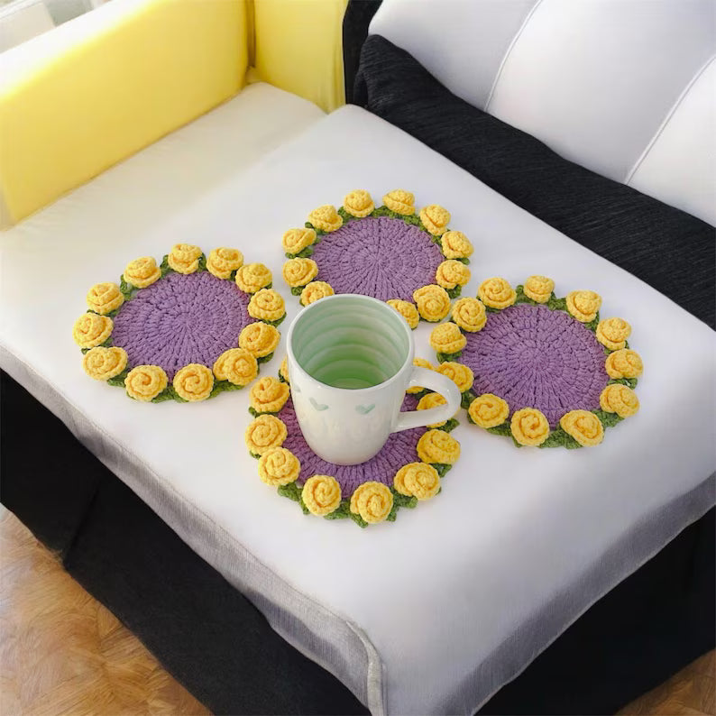Handmade Crochet Floral Coaster Set – Cozy Home & Kitchen Coffee Table Decor