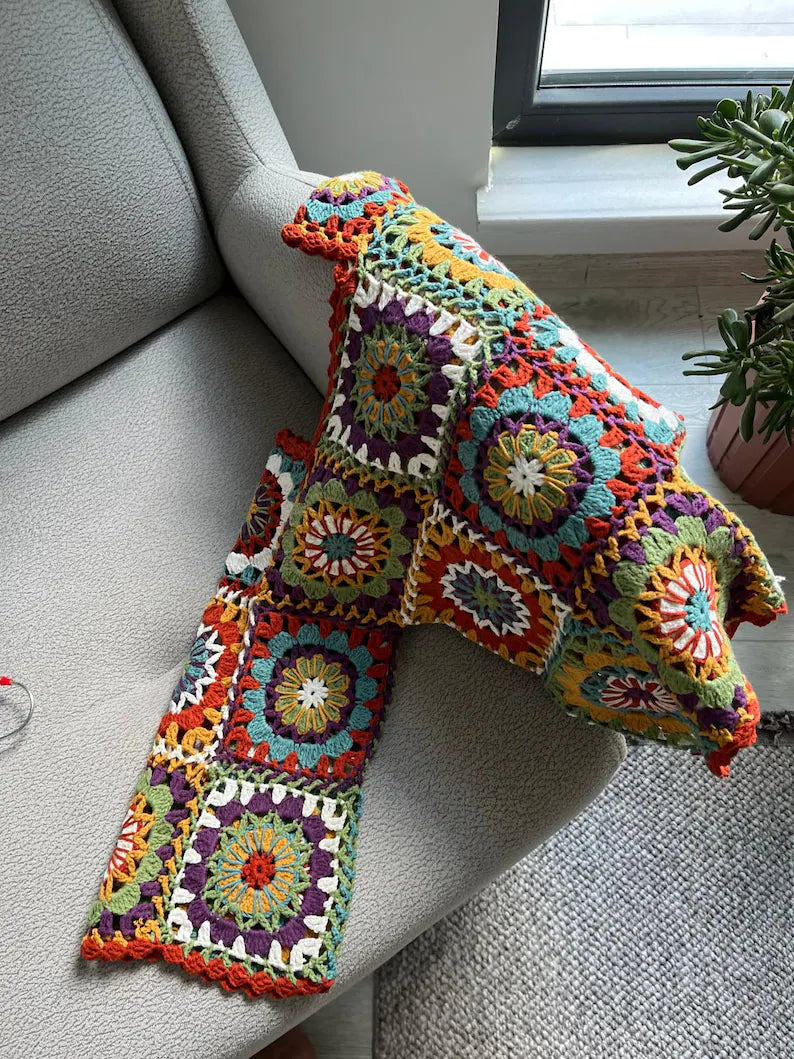 Vibrant Handmade Granny Square Crochet Cardigan | Vintage Boho Women Sweater