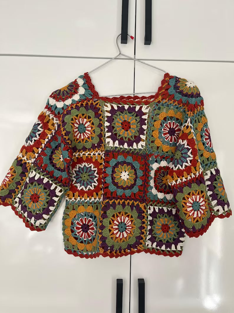 Vibrant Handmade Granny Square Crochet Cardigan | Vintage Boho Women Sweater