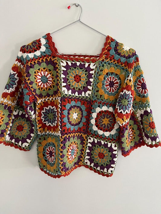 Vibrant Handmade Granny Square Crochet Cardigan | Vintage Boho Women Sweater