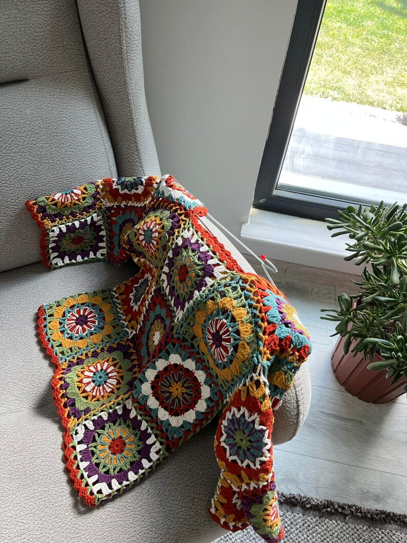 Vibrant Handmade Granny Square Crochet Cardigan | Vintage Boho Women Sweater