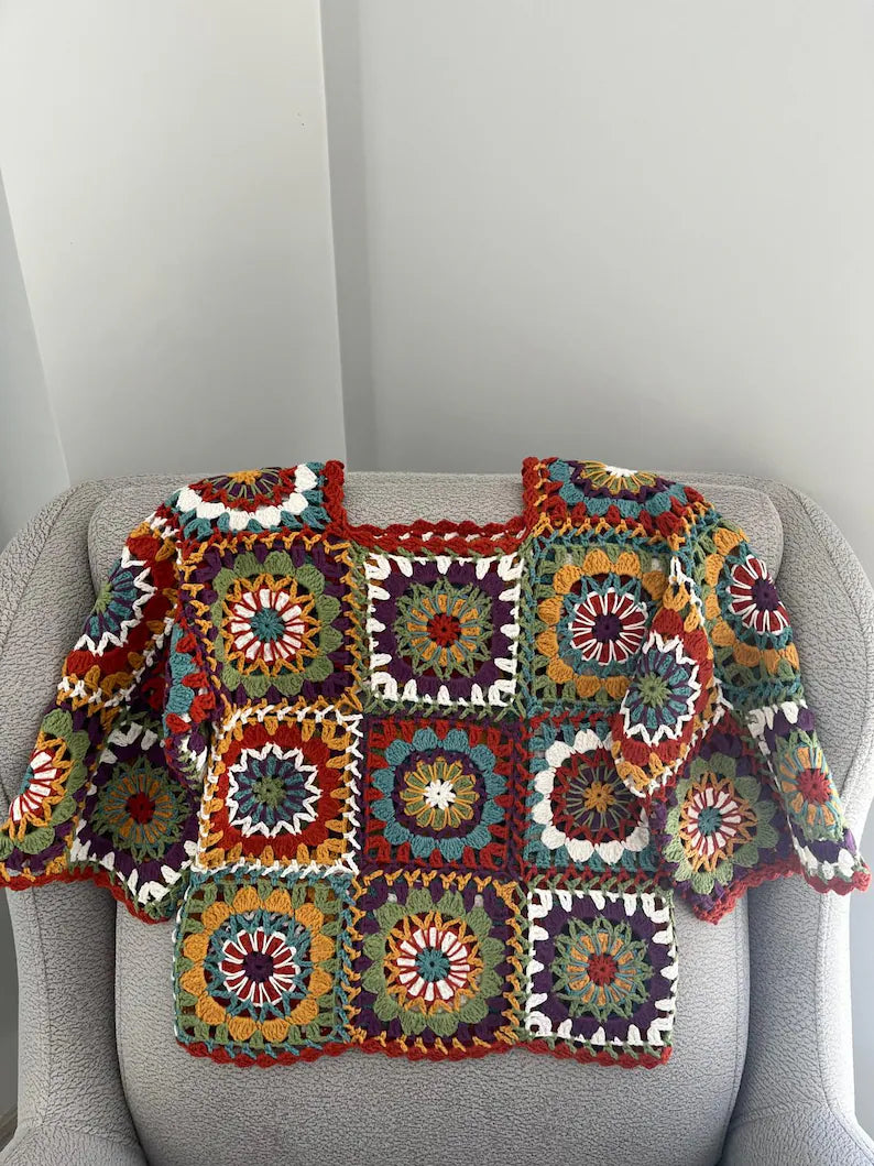 Vibrant Handmade Granny Square Crochet Cardigan | Vintage Boho Women Sweater