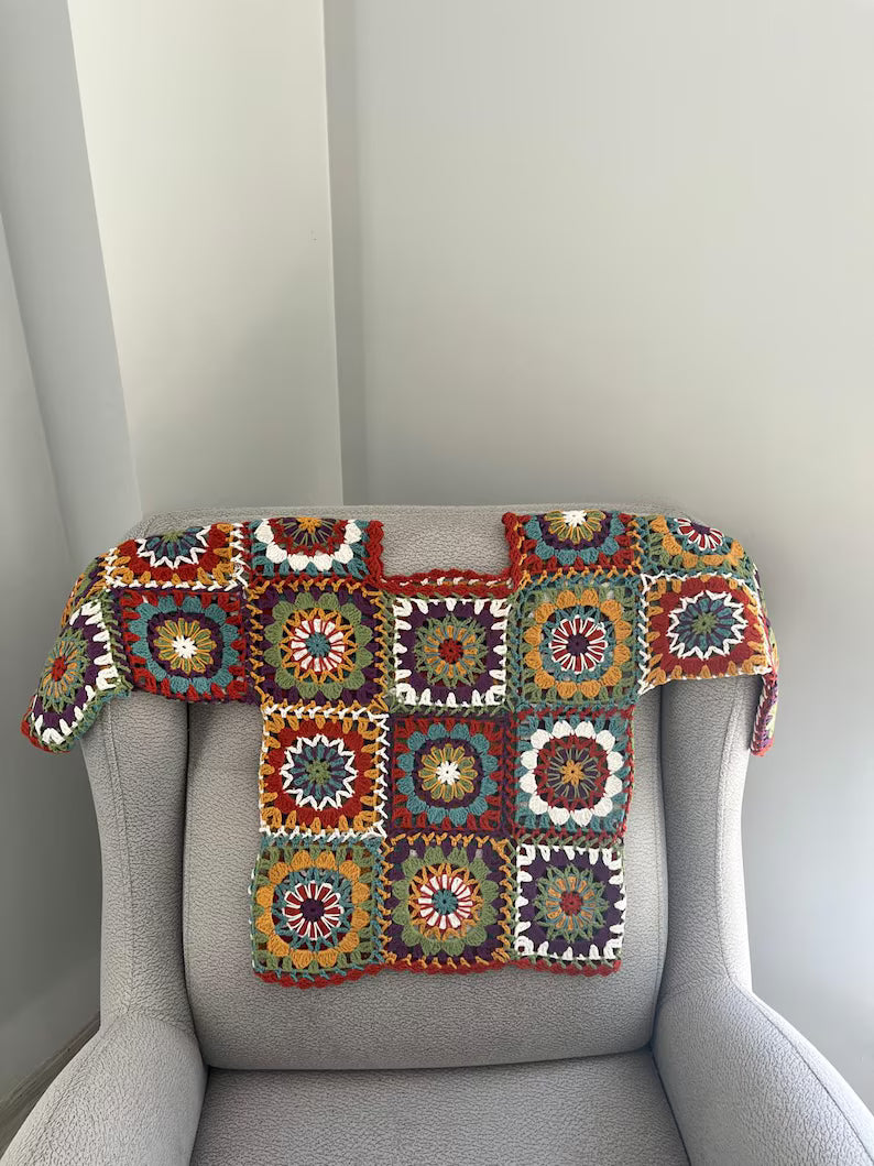 Vibrant Handmade Granny Square Crochet Cardigan | Vintage Boho Women Sweater