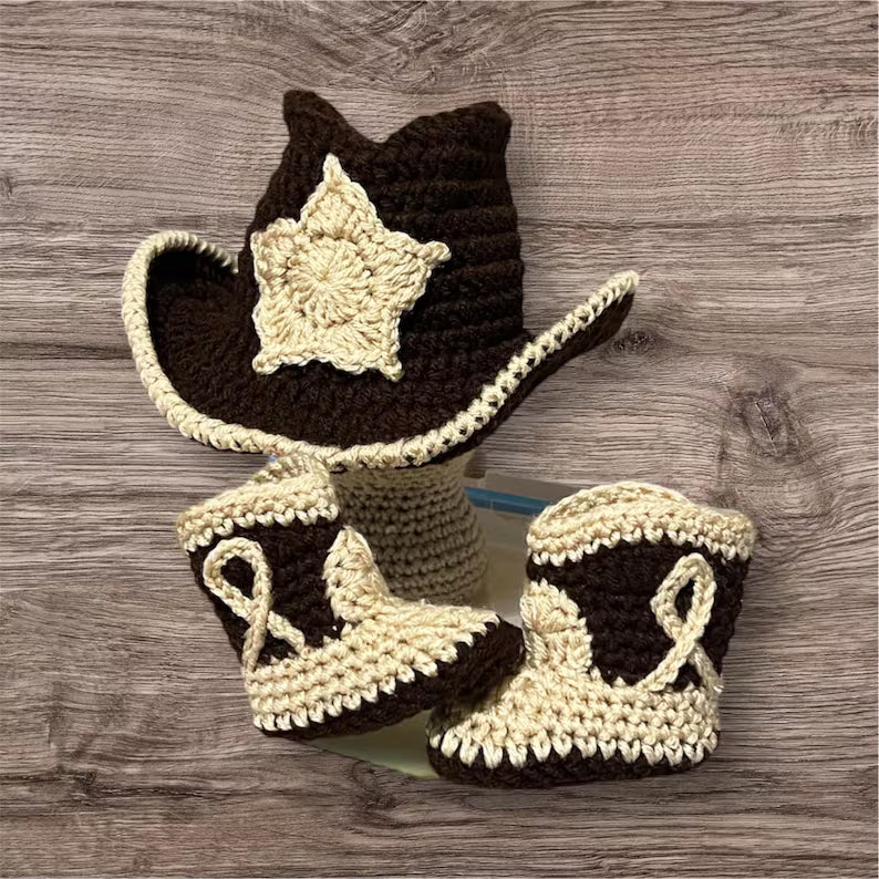 Handmade Crochet Baby Cowboy Hat and Booties Set – 0-3 Months Newborn Western Outfit