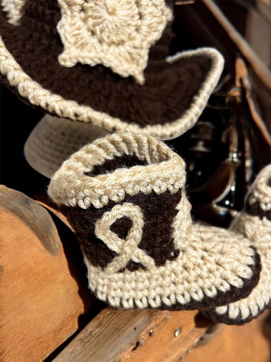 Handmade Crochet Baby Cowboy Hat and Booties Set – 0-3 Months Newborn Western Outfit