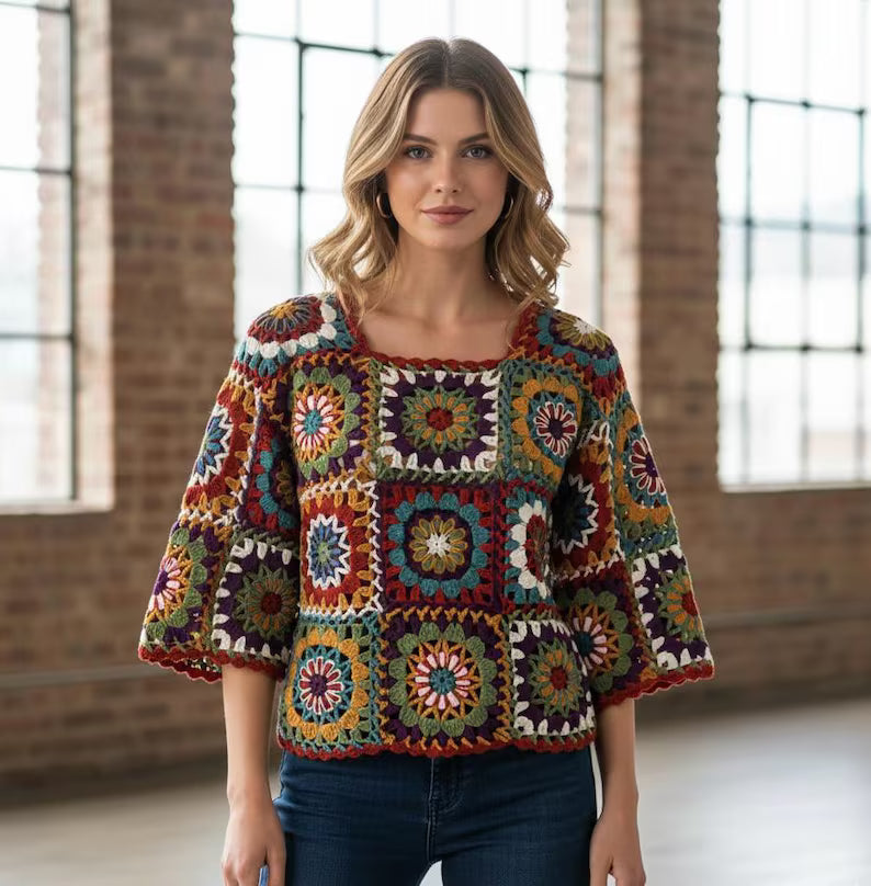 Vibrant Handmade Granny Square Crochet Cardigan | Vintage Boho Women Sweater