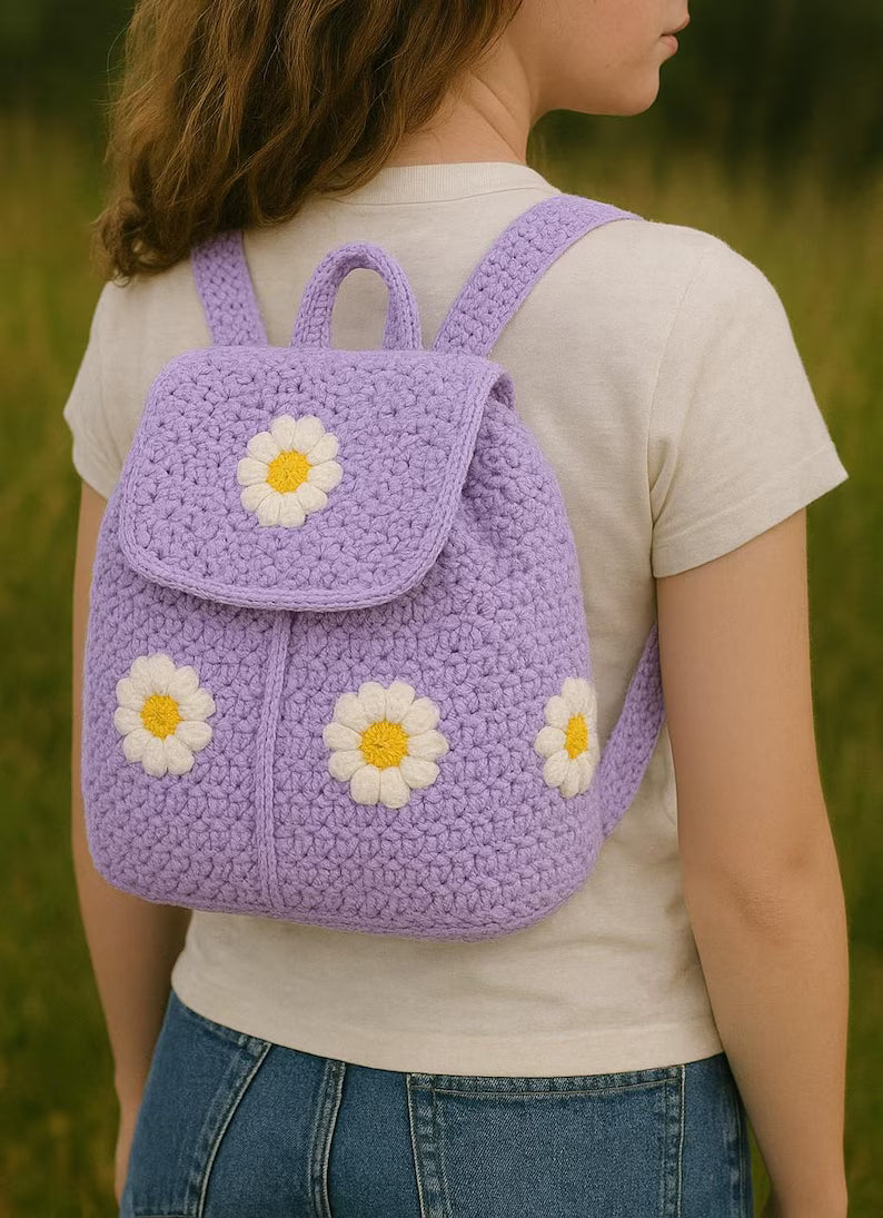 Handcrafted Crochet Daisy Backpack for Kids & Teens | Soft Knit Daisy Flower Rucksack | Cute Everyday Floral Travel Bag Gift