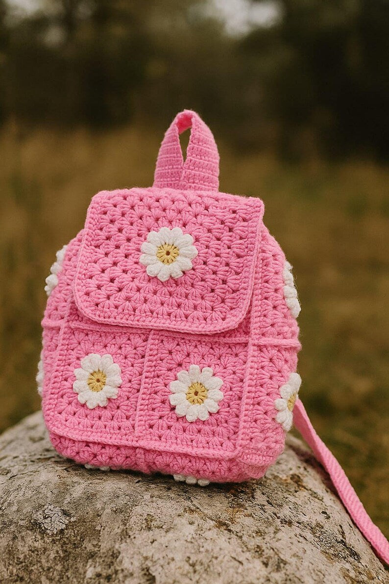 Handcrafted Crochet Daisy Backpack for Kids & Teens | Soft Knit Daisy Flower Rucksack | Cute Everyday Floral Travel Bag Gift
