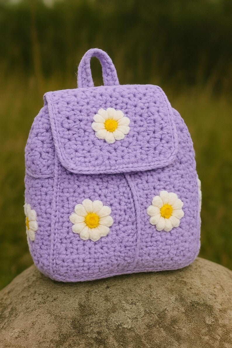 Handcrafted Crochet Daisy Backpack for Kids & Teens | Soft Knit Daisy Flower Rucksack | Cute Everyday Floral Travel Bag Gift