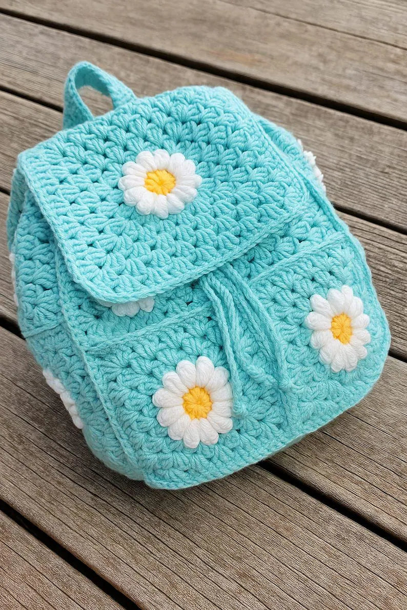 Handcrafted Crochet Daisy Backpack for Kids & Teens | Soft Knit Daisy Flower Rucksack | Cute Everyday Floral Travel Bag Gift