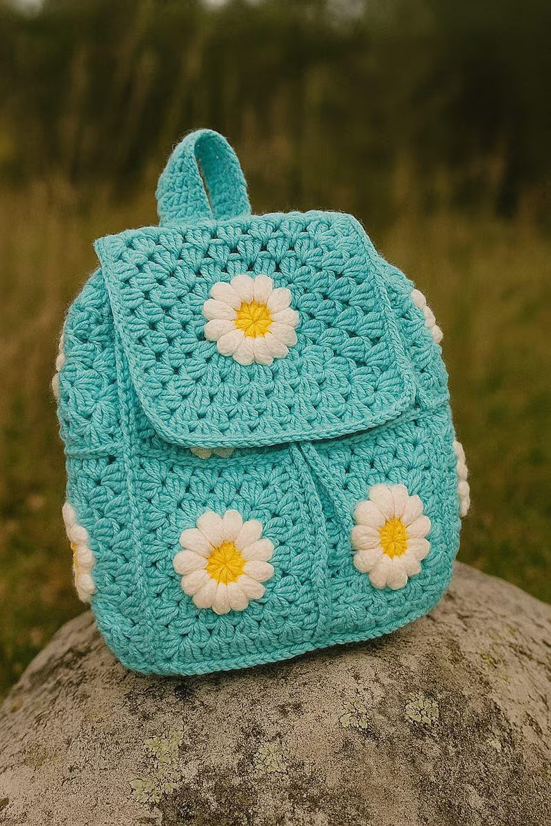 Handcrafted Crochet Daisy Backpack for Kids & Teens | Soft Knit Daisy Flower Rucksack | Cute Everyday Floral Travel Bag Gift