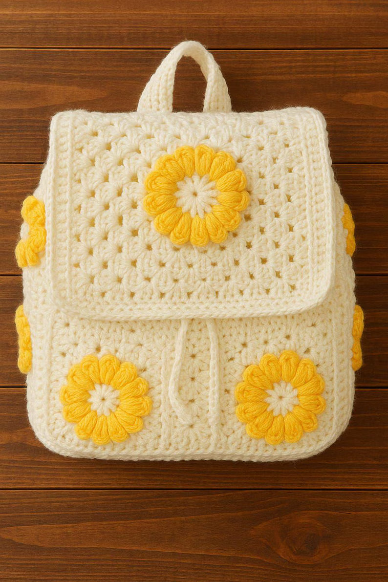 Handcrafted Crochet Daisy Backpack for Kids & Teens | Soft Knit Daisy Flower Rucksack | Cute Everyday Floral Travel Bag Gift