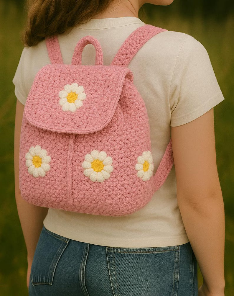 Handcrafted Crochet Daisy Backpack for Kids & Teens | Soft Knit Daisy Flower Rucksack | Cute Everyday Floral Travel Bag Gift
