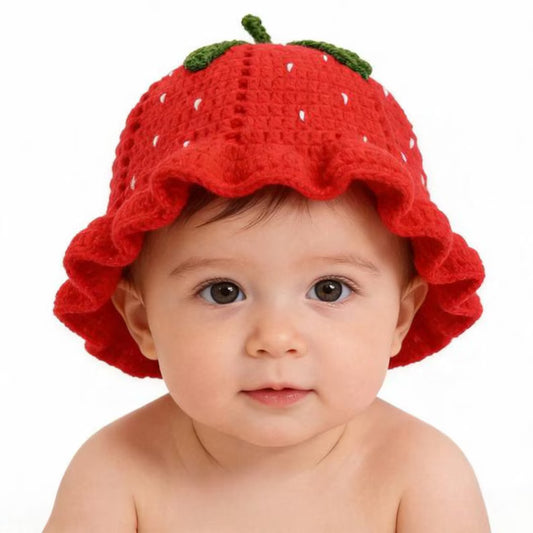 Handcrafted Strawberry Crochet Hat – Soft Knitted Bucket Hat for Women & Kids