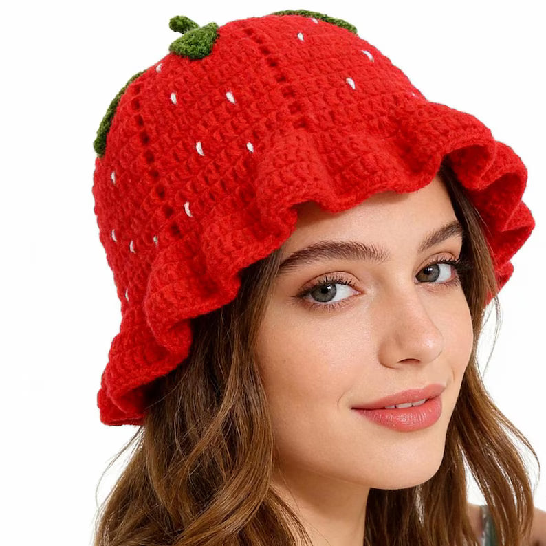 Handcrafted Strawberry Crochet Hat – Soft Knitted Bucket Hat for Women & Kids