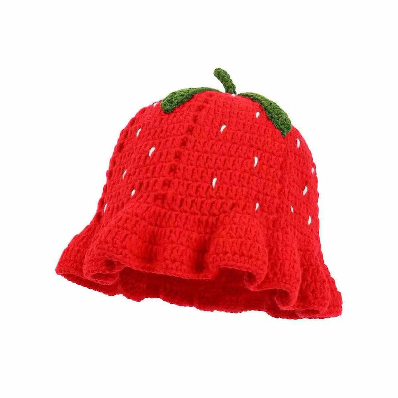 Handcrafted Strawberry Crochet Hat – Soft Knitted Bucket Hat for Women & Kids