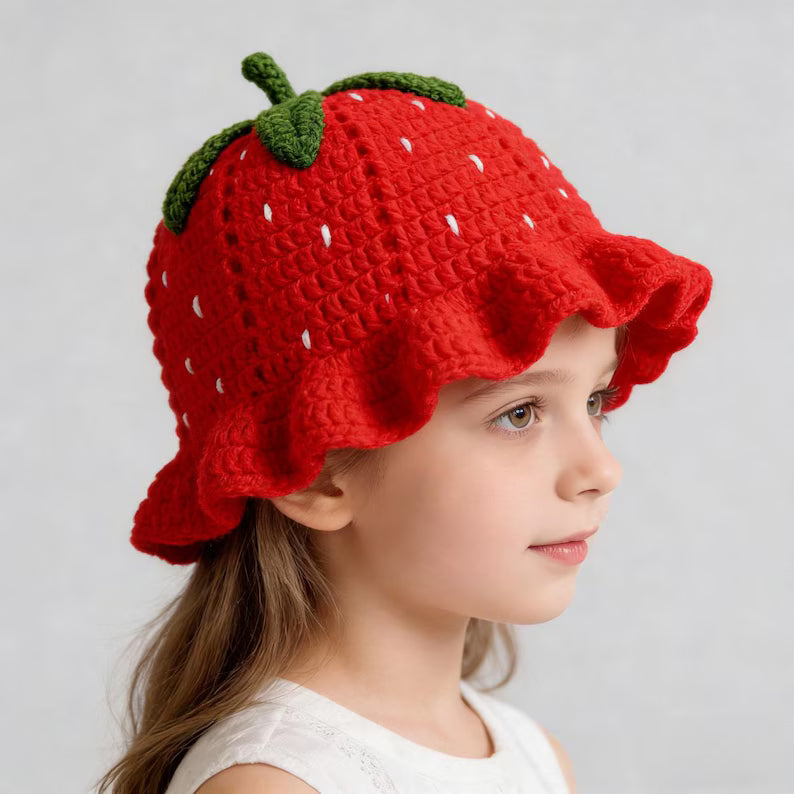 Handcrafted Strawberry Crochet Hat – Soft Knitted Bucket Hat for Women & Kids