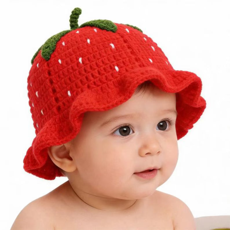 Handcrafted Strawberry Crochet Hat – Soft Knitted Bucket Hat for Women & Kids