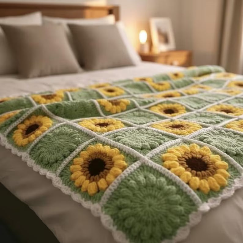 Handmade Boho Sunflower Crochet Blanket – Cozy Vintage Bedspread