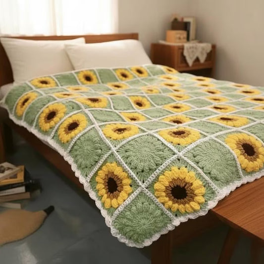 Handmade Boho Sunflower Crochet Blanket – Cozy Vintage Bedspread