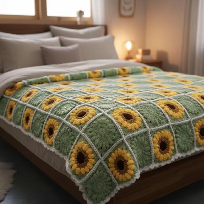 Handmade Boho Sunflower Crochet Blanket – Cozy Vintage Bedspread